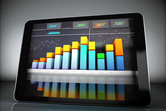 Tablet with graph bars on grey background, created using generative ai technology - Download Free Stock Photos Pikwizard.com