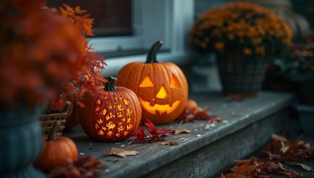 Cozy Autumn Porch with Glowing Carved Pumpkins and Leaves