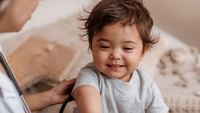 Toddler smiling during pediatric checkup with stethoscope and caring clinician