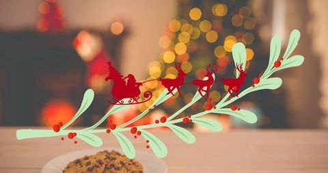 Santa sleigh and reindeer flying over mistletoe branch on cozy holiday table with cookie