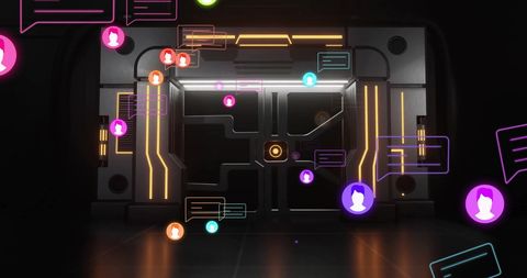 Futuristic Cyber Room with Floating Social Media Icons