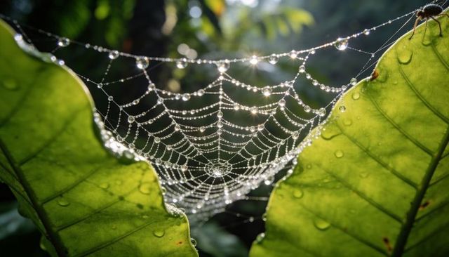 Sparkling orb web catching sunlight between large green leaves with dew beads and spider