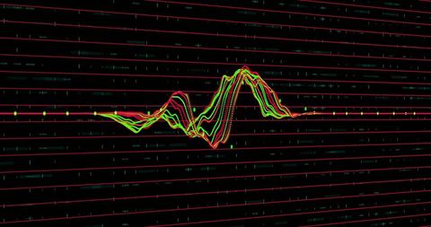 Neon waveform cluster oscillating on dark grid with circular data nodes and spectrum depth
