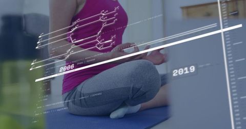 Korean Woman Meditating with Smartphone and Data HUD Overlay for Wellness Tech