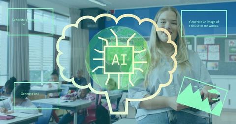 Teacher using tablet in bright classroom with ai education overlay and engaged students