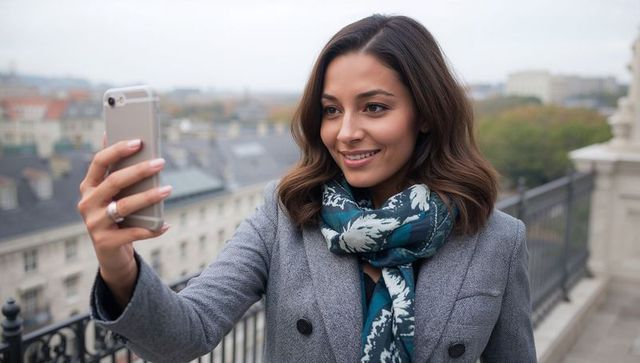 Smiling Woman Taking Selfie on Urban European Balcony with Scenic Rooftop View
