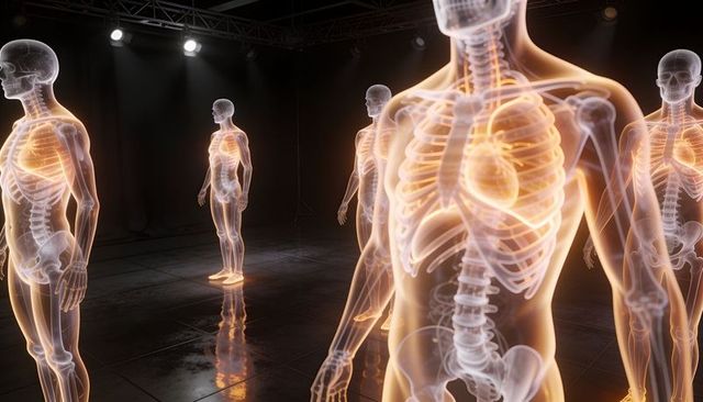 Holographic human anatomy on stage revealing translucent skeleton and glowing heart