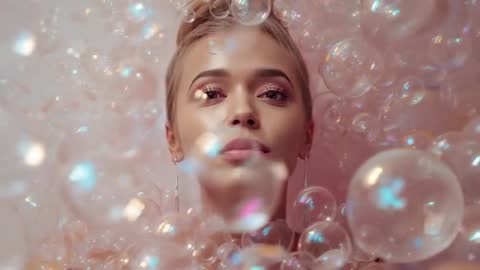 Dreamy Model Emerges Through Luminous Bubbles in Pink Studio