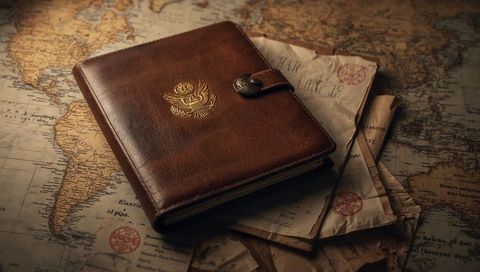 Vintage leather travel journal with gold crest resting on antique world map