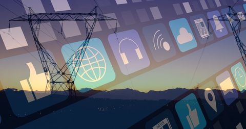 Social Media Icons Blend with Power Lines at Sunset - Download Free Stock Images Pikwizard.com
