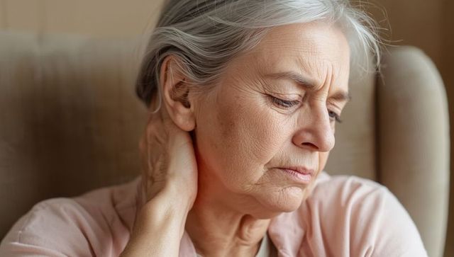 Thoughtful Senior Woman Gently Touching Neck in Tranquil Living Room