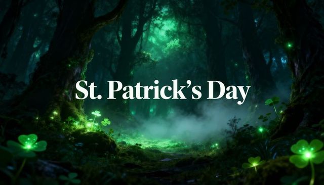 St. Patrick's day typography over enchanted mossy forest with glowing shamrocks and mist