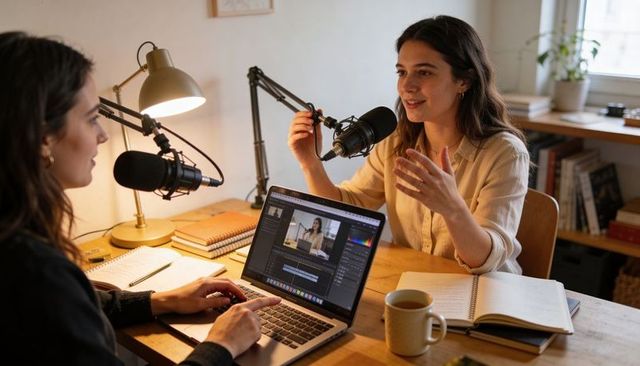 Female co-hosts recording conversational podcast in cozy home studio