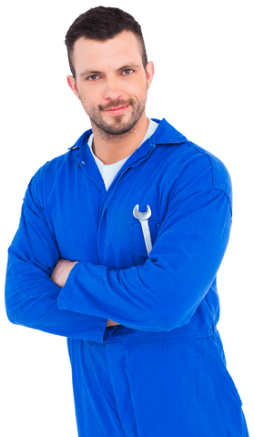 Cheerful Male Mechanic in Blue Coveralls Transparent Background - Download Free Stock Videos Pikwizard.com