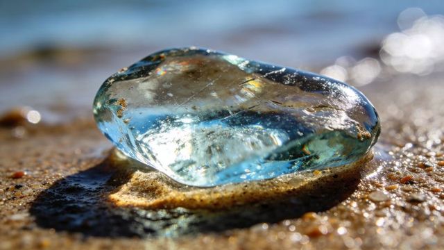 Glistening translucent blue sea glass resting on wet sand with sunlit bokeh and reflections