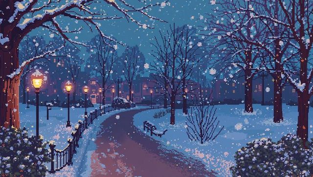Snowy city park path curving under glowing lamp posts pixel art night with falling snow