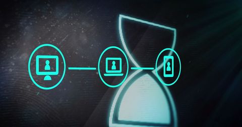 Digital communication setup with hourglass motif in cyber theme