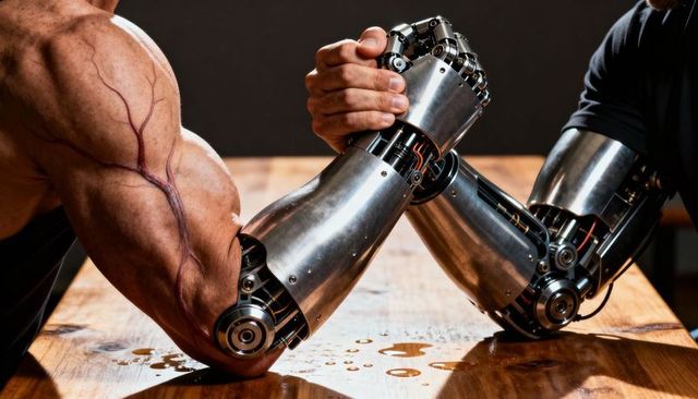 Muscular human versus robotic arm armwrestling clash showcasing bionic strength