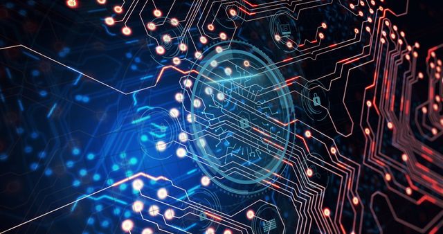 Showing secure digital data processing over a motherboard, emphasizing cybersecurity themes. Ideal for use in articles and visuals regarding data protection, internet security, corporate networks, and futuristic technology developments. It illustrates the importance of encryption and safeguarding online data in the digital age.