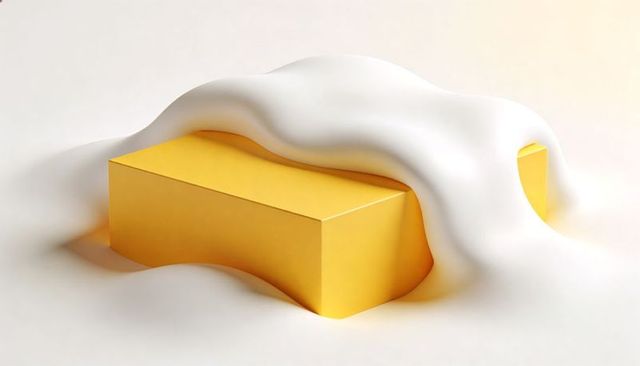 Golden rectangular block partially draped by flowing white fabric minimalist still life