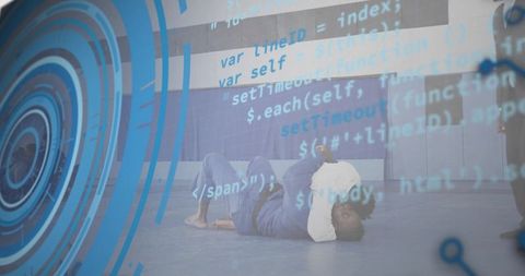 Grappling martial artists training on blue mat with futuristic digital interface overlay