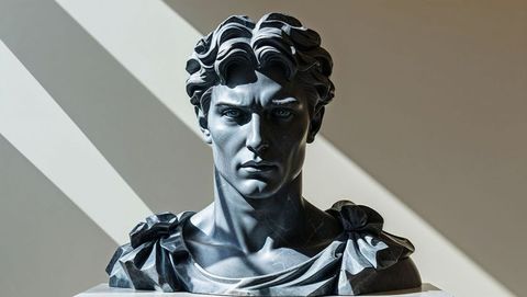 Classical marble lucifer bust in sunlit gallery space