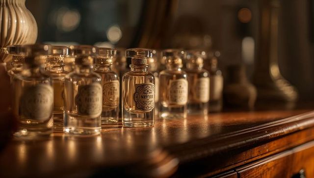 Displaying ornate glass perfume bottles on antique wooden vanity with warm bokeh light