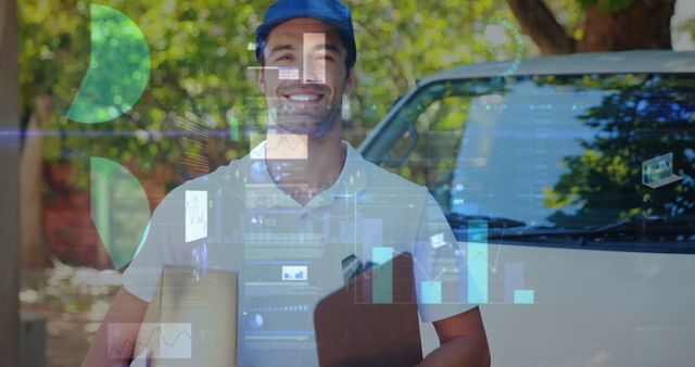 Smiling Delivery Worker Holding Packages in Digital Tech World - Download Free Stock Images Pikwizard.com