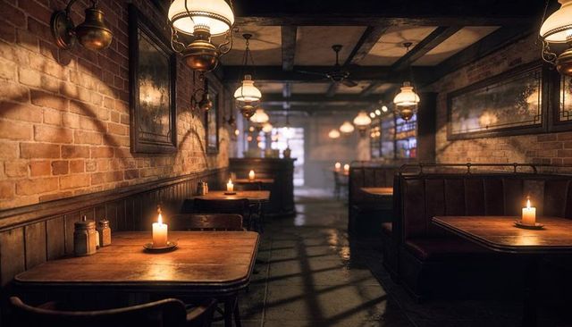 Candlelit rustic pub interior with wooden tables, leather booths and warm ambient lighting