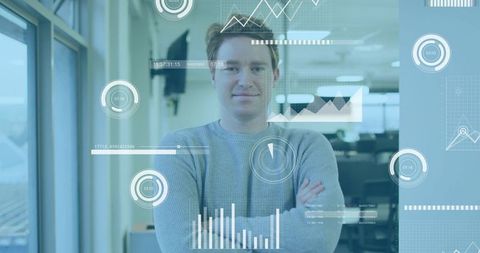 Tech professional reviewing augmented reality dashboards on glass partition, confident pose