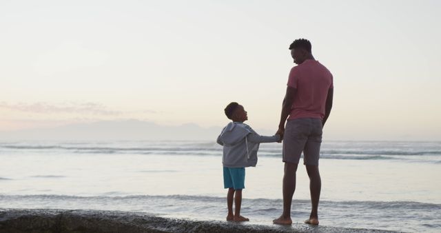 African american father holding hands with son on sunny beach - Download Free Stock Photos Pikwizard.com