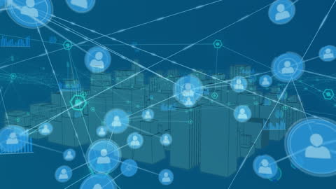 Abstract Digital Cityscape with Network Connections Overlay