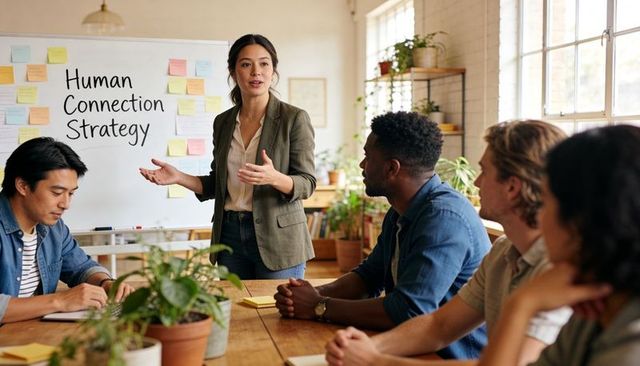 Leading woman presenting human connection strategy to team in sunlit office with greenery