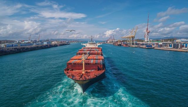 Fully loaded container ship transiting port channel with gantry cranes and seagulls