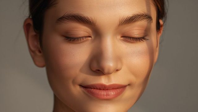 Serene woman with closed eyes under warm side light closeup beauty headshot