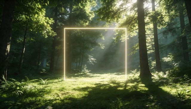 Glowing neon frame hovering above sunlit mossy forest clearing with misty sunrays