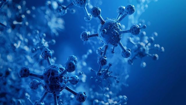 Spherical virus particle with spikes in fluid environment