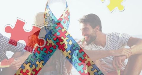 Autism Awareness Ribbon with Friends Enjoying Beach Party