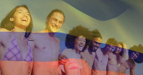 Friends Linking Arms Enjoying Sunny Day in Swimwear by Lakeshore