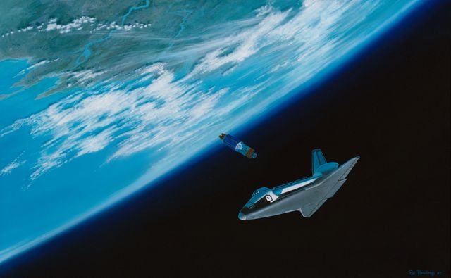 Artistic representation of STS-26 mission with Discovery shuttle deploying TDRS-C satellite above Earth. This detailed depiction provides visual context to space exploration themes, useful for educational materials, scientific articles, presentations on space missions, and NASA history projects.