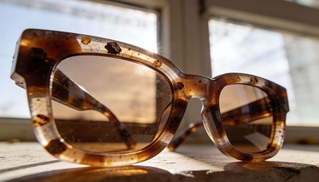 Sunlit tortoiseshell acetate sunglasses resting on wooden sill, warm backlit reflections