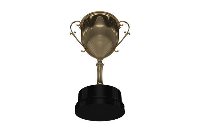 Elegant golden trophy resting on a black base, against a transparent background. Suitable for representing victories in competitions, awards and achievements. Perfect for use in design projects, promotional materials, and graphic designs relating to winners, contests, and success.