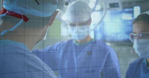 Surgical team collaborating in high-tech operating room with digital grid overlays