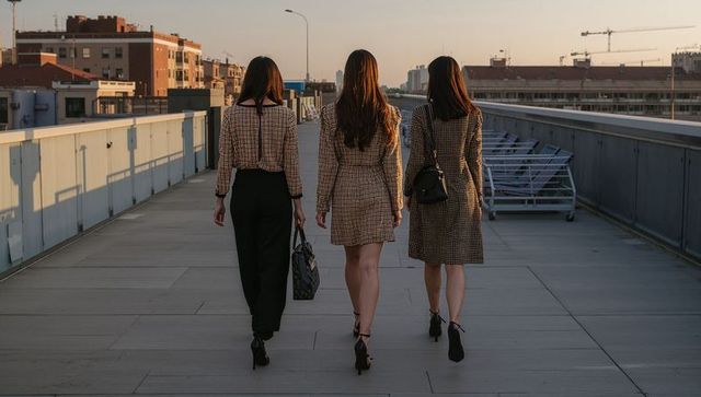 Three women walking rooftop sunset wearing plaid coats high heels fashionable urban trio