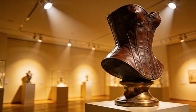 Antique leather corset sculpture on brass pedestal in warm museum spotlight
