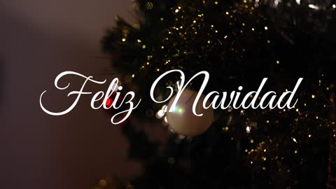 Feliz Navidad Text Overlay on Christmas Tree