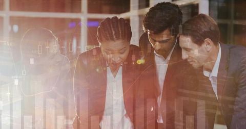 Diverse Business Team Analyzing Financial Data with Virtual Chart Overlay