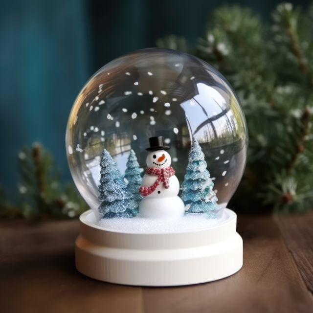 Cheerful snow globe with smiling snowman wearing top hat and red scarf, surrounded by snowy trees. Snowflakes falling inside glass globe. Perfect for Christmas decorations, cozy winter themes, or holiday gift ideas. Engages holiday spirit and aesthetic appeal for festive content and visuals.