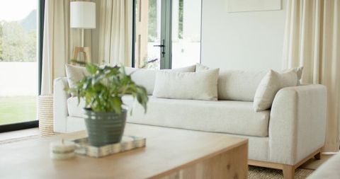 Bright Minimal Living Room Featuring Light Beige Sofa, Wooden Coffee Table, Indoor Plant