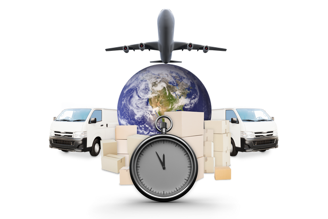 Transparent Digital Illustration of Global Shipping with Trucks, Plane, and Clock - Download Free Stock Videos Pikwizard.com